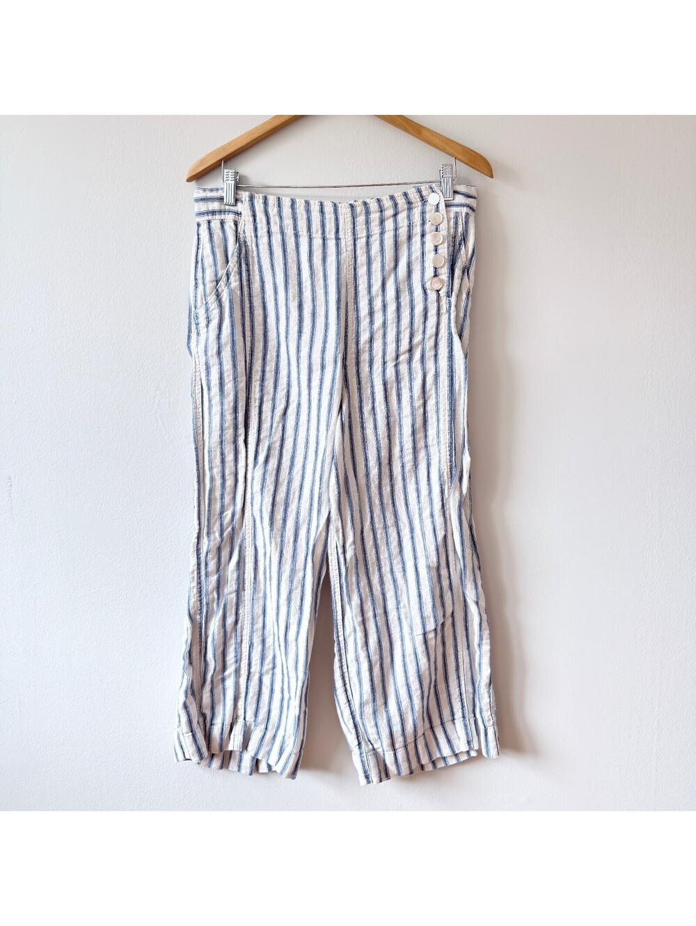 Tahari Blue Stripe Button Detail Elastic Waist Crop Wide Leg Linen Pants Size L